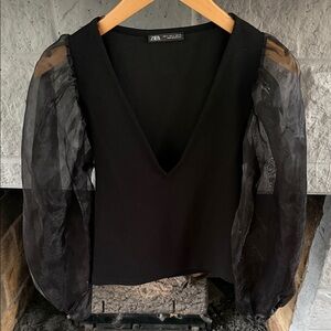 Zara Black V-Neck Top with Sheer Puff Sleeves